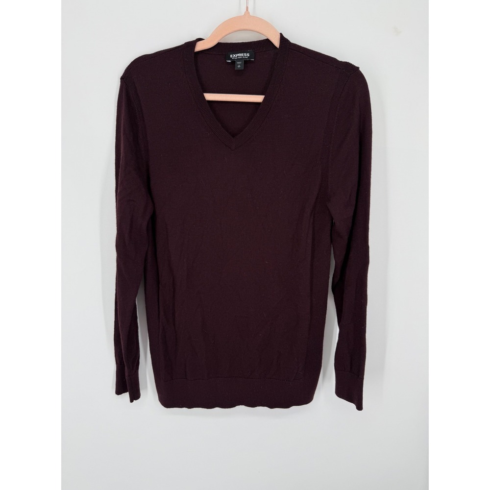 Express V-Neck Sweater Mens Small Burgundy Merino Wool Blend Long Sleeve Classic
